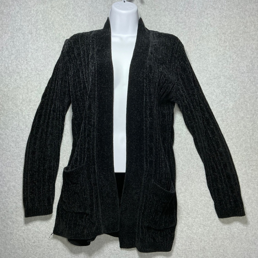 Matty M Black Chenille Cable Knit Open Front Cardigan Sweater Large